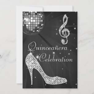 Glamourous Quinceañera Disco Ball and Sparkle Heel Invitation