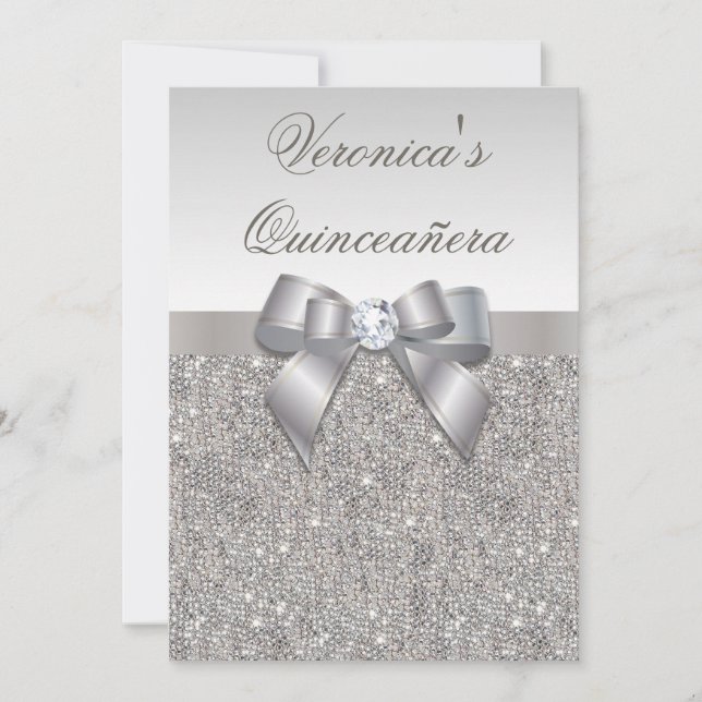 Glamourous Quinceañera Faux Silver Sequins and Bow Invitation (Front)
