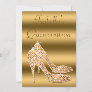 Glamourous Quinceañera Gold Stilettos Invitation