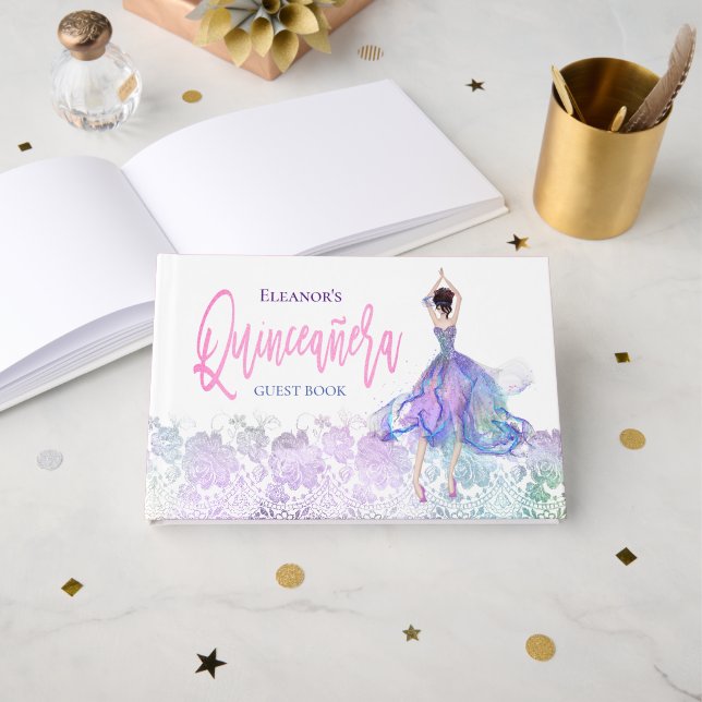 Glamourous Quinceanera Pink Dancing Girl Name Date Guest Book (Front Open)
