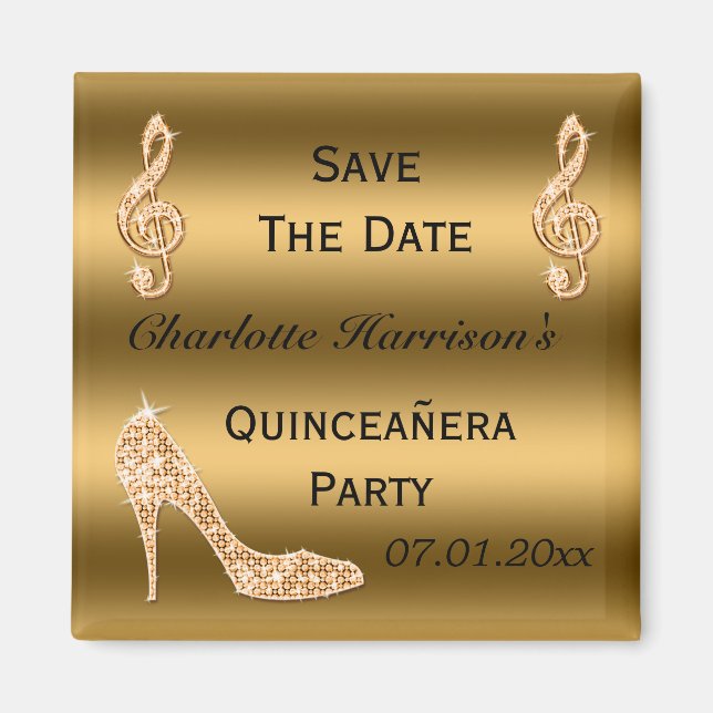 Glamourous Quinceañera Save The Date Gold Stiletto Magnet (Front)