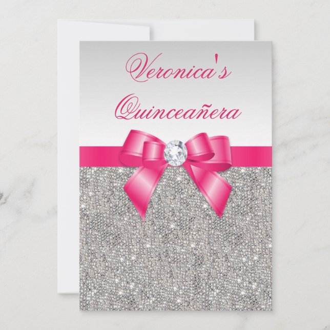 Glamourous Quinceañera Silver Sequins Hot Pink Bow Invitation (Front)