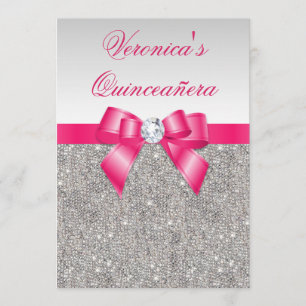 Glamourous Quinceañera Silver Sequins Hot Pink Bow Invitation
