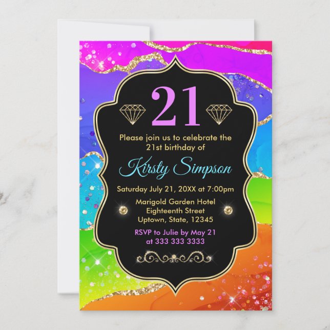 Glamourous Rainbow Alcohol Ink Agate Birthday Invitation (Front)