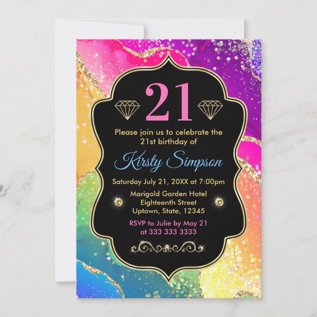 Glamourous Rainbow Alcohol Ink Agate Birthday Invitation (Front)
