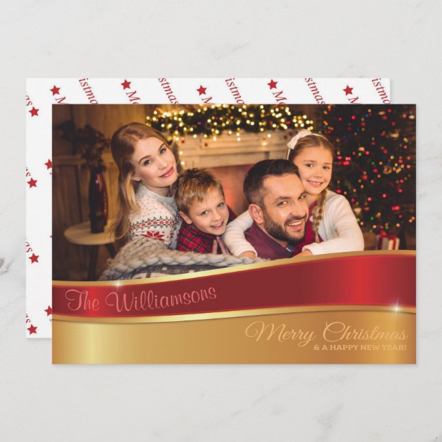 Glamourous Red and Gold Christmas Photo Holiday Card (Front/Back)