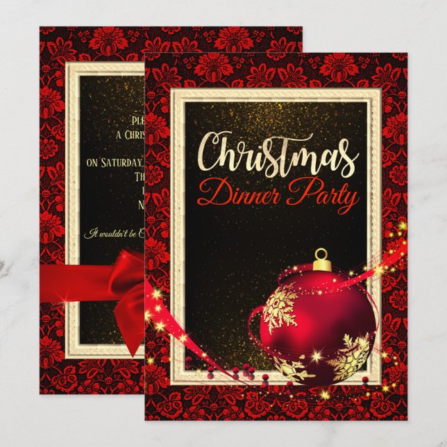 Glamourous Red Damask Christmas Dinner Invite (Front/Back)