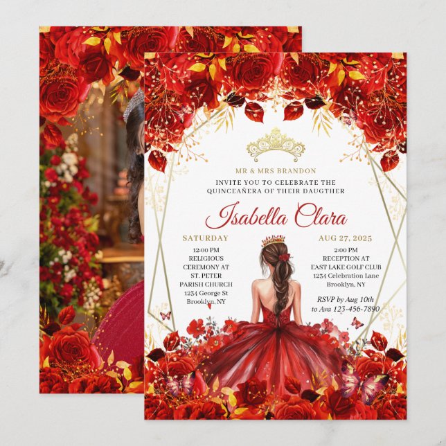 Glamourous Red & Gold Floral Princess Quinceanera  Invitation (Front/Back)