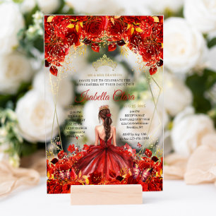 Glamourous Red & Gold Floral Quinceanera Acrylic Invitations