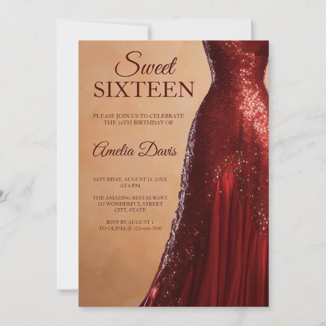 Glamourous Red Gown Sweet 16 Birthday Invitation (Front)