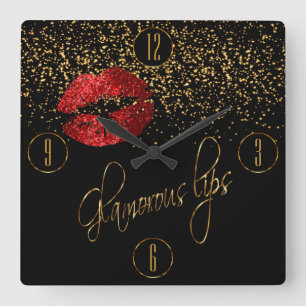 Glamourous Red Lips and Gold Confetti Square Wall Clock
