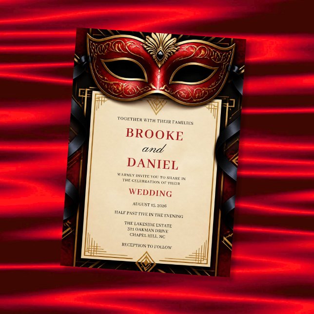 Glamourous Red Masquerade Art Deco Wedding Invitation (Creator Uploaded)
