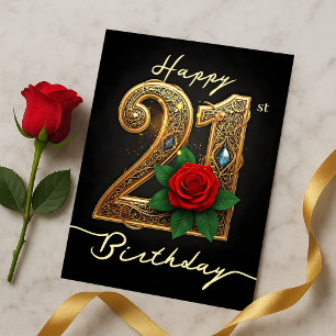 Glamourous Red Rose Ornate Golden 21st Birthday  Postcard