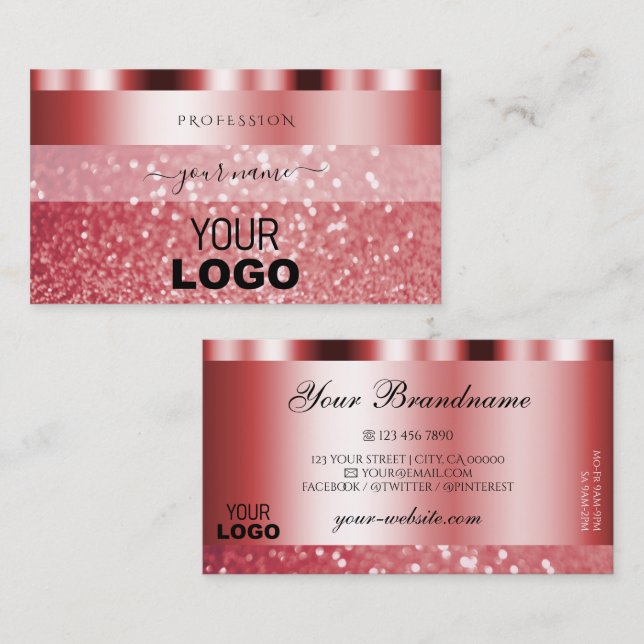 Glamourous Red Sparkling Glitter with Logo Shimmer Business Card (Front/Back)