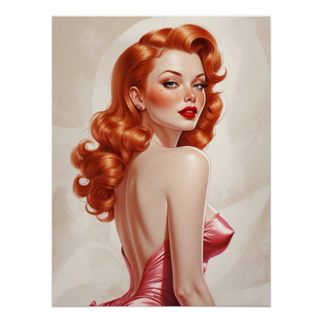 Glamourous Redhead Pin-Up Pink Dress  Poster (Front)