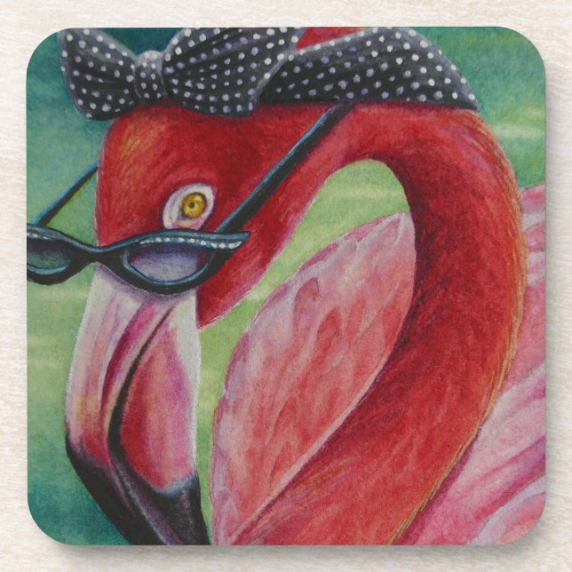 Glamourous Retro Pink Flamingo Watercolor Art Coaster (Front)