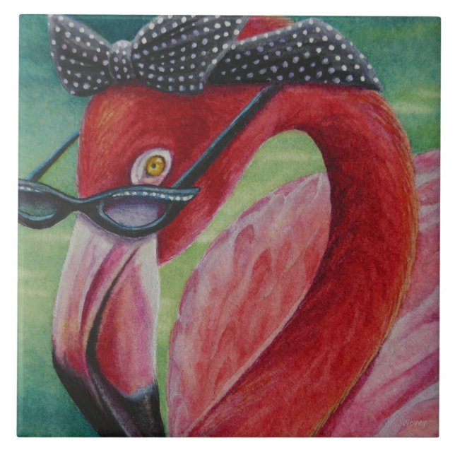 Glamourous Retro Pink Flamingo Watercolor Art Tile (Front)