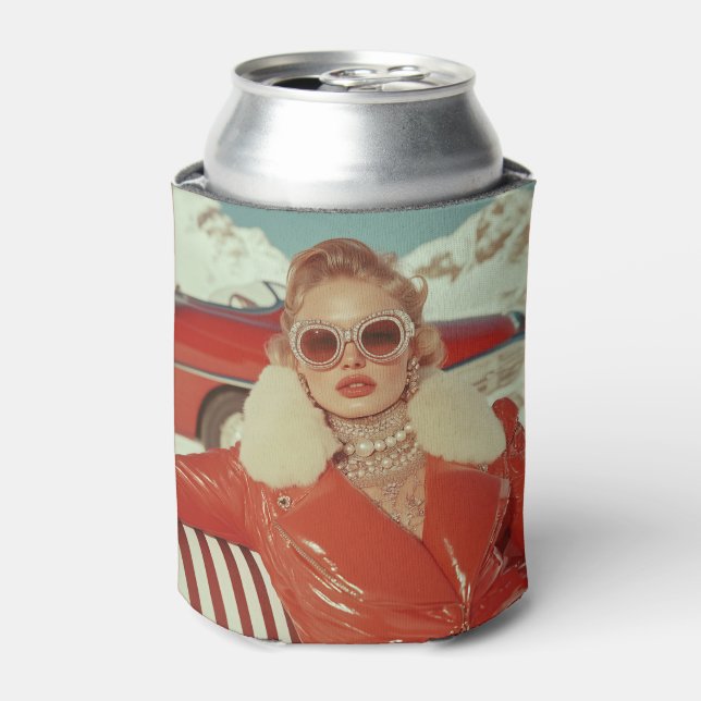 Glamourous Retro Winter Style in Alpine Setting Can Cooler (Can Front)