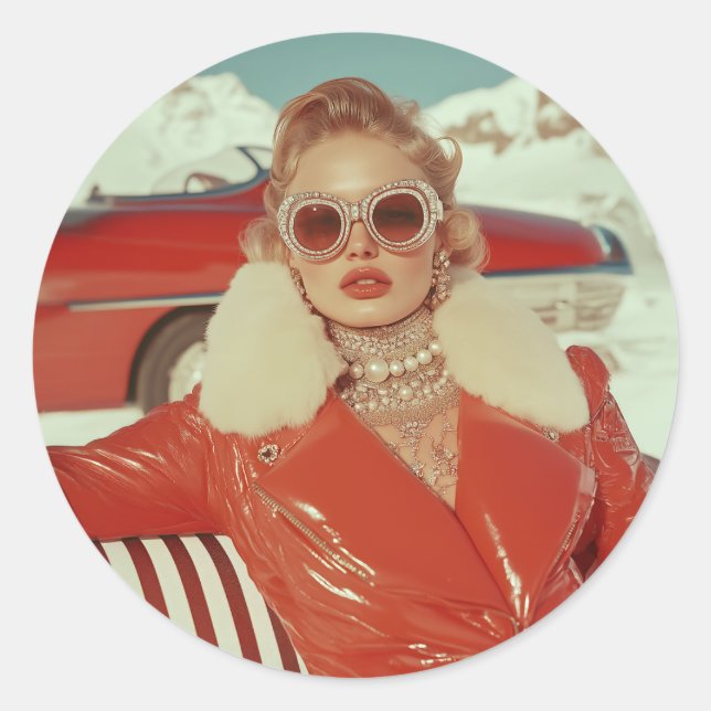 Glamourous Retro Winter Style in Alpine Setting Classic Round Sticker (Front)