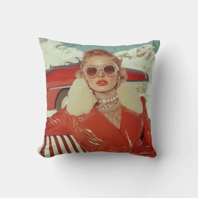 Glamourous Retro Winter Style in Alpine Setting Cushion (Front)