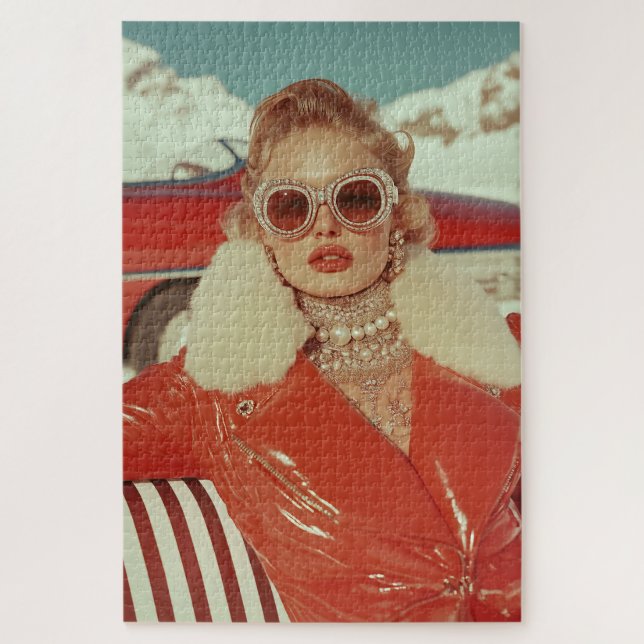 Glamourous Retro Winter Style in Alpine Setting Jigsaw Puzzle (Vertical)