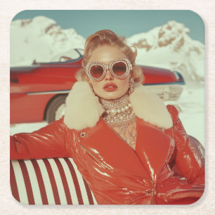 Glamourous Retro Winter Style in Alpine Setting Square Paper Coaster
