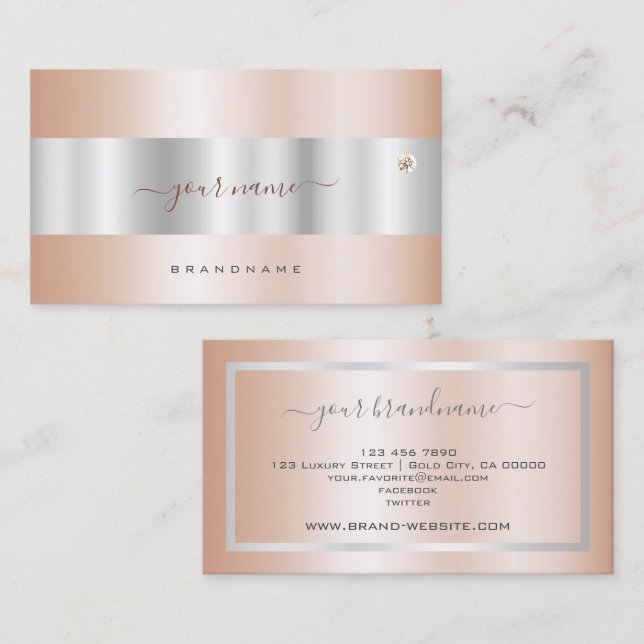 Glamourous Rose Gold and Silver with Faux Diamond  Business Card (Front/Back)