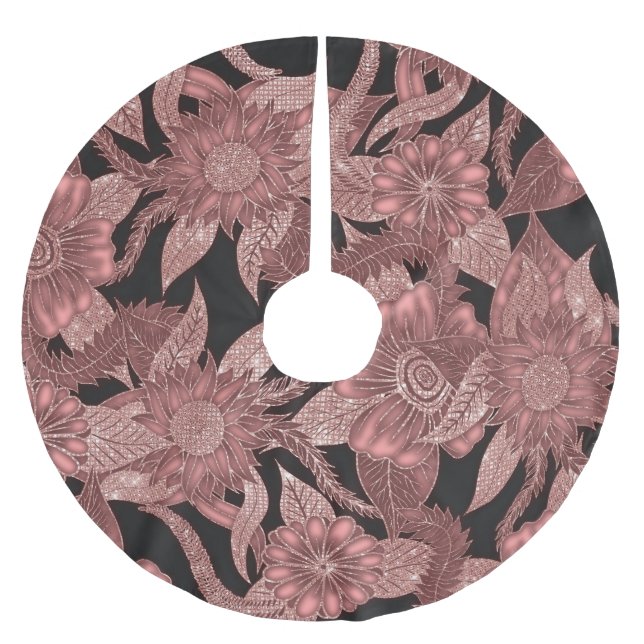 Glamourous Rose Gold Black Glitter Flowers Brushed Polyester Tree Skirt (Front)