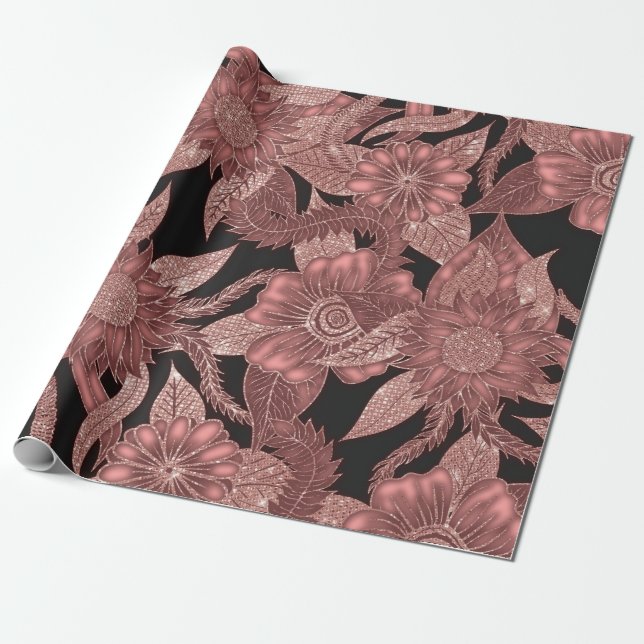 Glamourous Rose Gold Black Glitter Flowers Wrapping Paper (Unrolled)