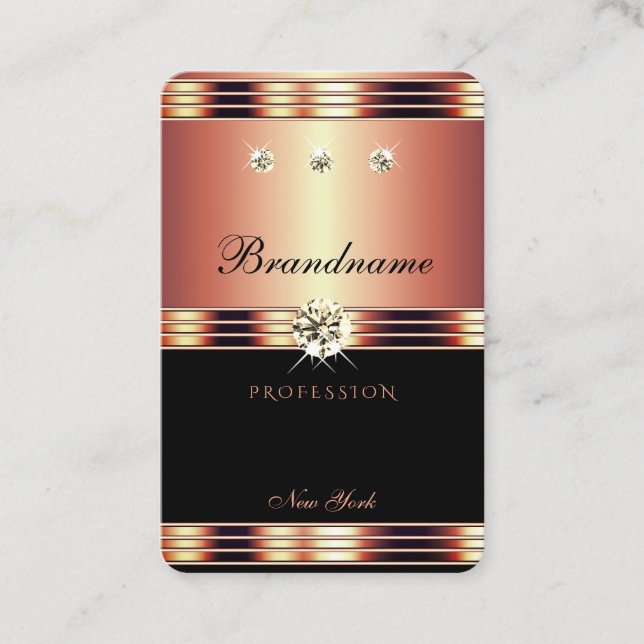 Glamourous Rose Gold Black with Sparkling Diamonds Business Card (Front)