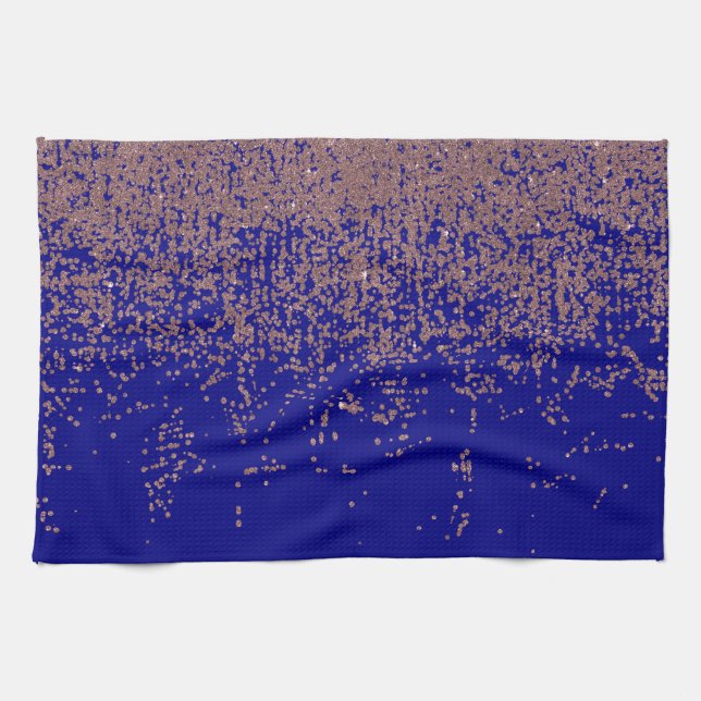 Glamourous Rose Gold Cobalt Blue Glitter Ombre Tea Towel (Horizontal)