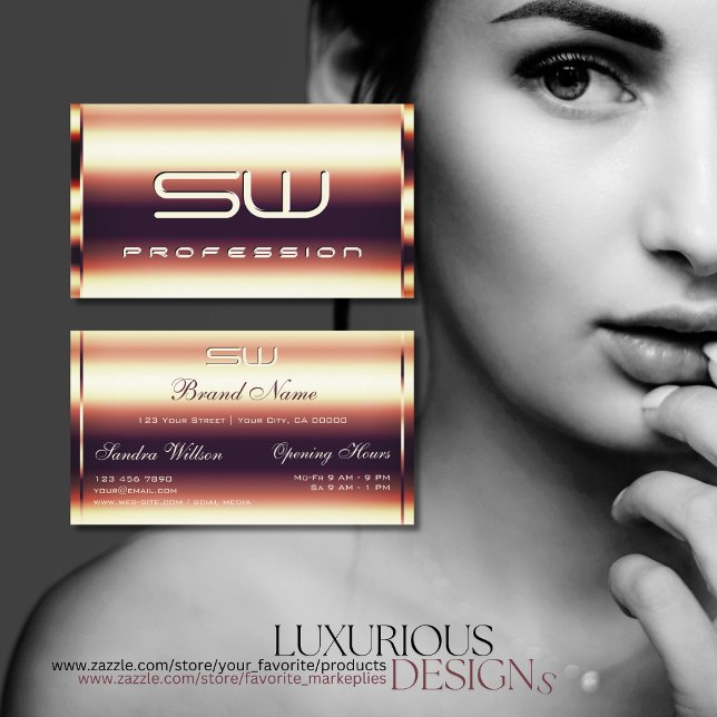 Glamourous Rose Gold Faux 3D Initials Opening Hour Business Card (Creator Uploaded)