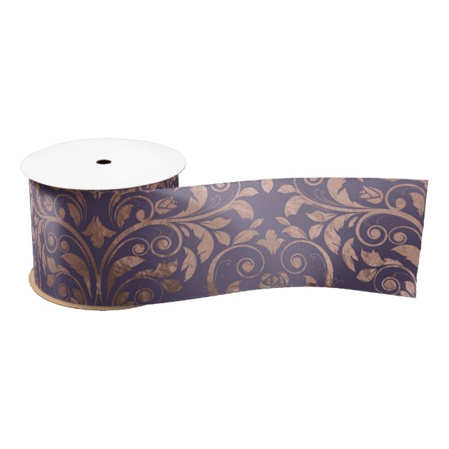 Glamourous Rose Gold Foil and Lavender Damask Satin Ribbon (Spool)