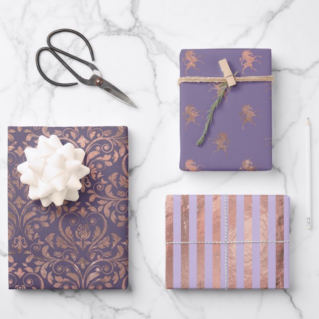 Glamourous Rose Gold Foil and Lavender Patterns Wrapping Paper Sheet (Front)