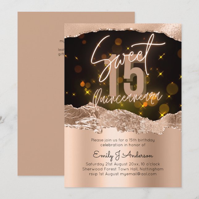 Glamourous Rose Gold Foil Glitter Quinceanera 15th Invitation (Front/Back)