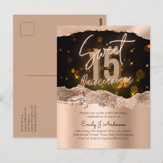 Glamourous Rose Gold Foil Glitter Quinceanera 15th Postcard (Front/Back)
