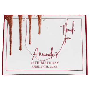 Glamourous Rose Gold Glitter Drip Sweet 16 Birthda Large Gift Bag