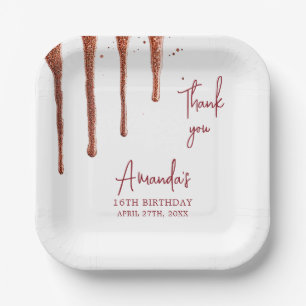 Glamourous Rose Gold Glitter Drip Sweet 16 Birthda Paper Plate