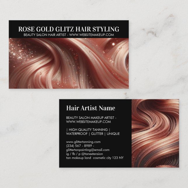 Glamourous Rose Gold Glitter Hair Stylist Photo Business Card (Front/Back)