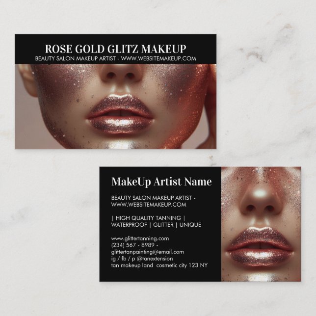Glamourous Rose Gold Glitter Makeup Artist Photo Business Card (Front/Back)