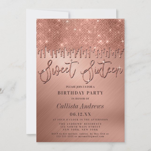 Glamourous Rose Gold Glitter Pixels Sweet 16 Invitation (Front)