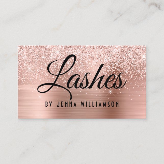 Glamourous Rose Gold Glitter Sparkle Lash Tech Business Card (Front)