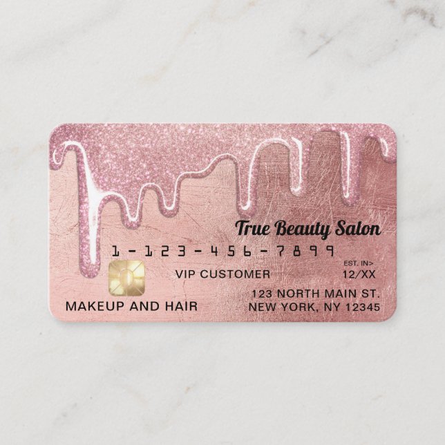 Glamourous Rose Gold Thick Glitter Drips Credit Business Card (Front)