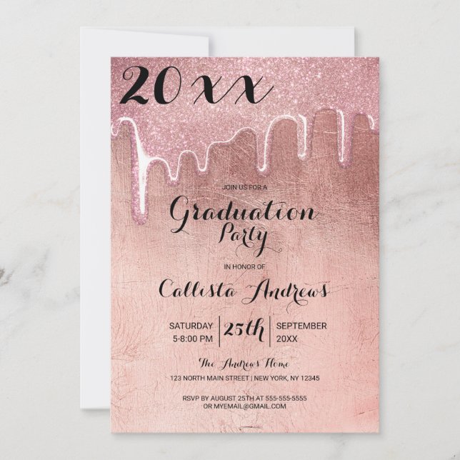 Glamourous Rose Gold Thick Glitter Drips Graduatio Invitation (Front)
