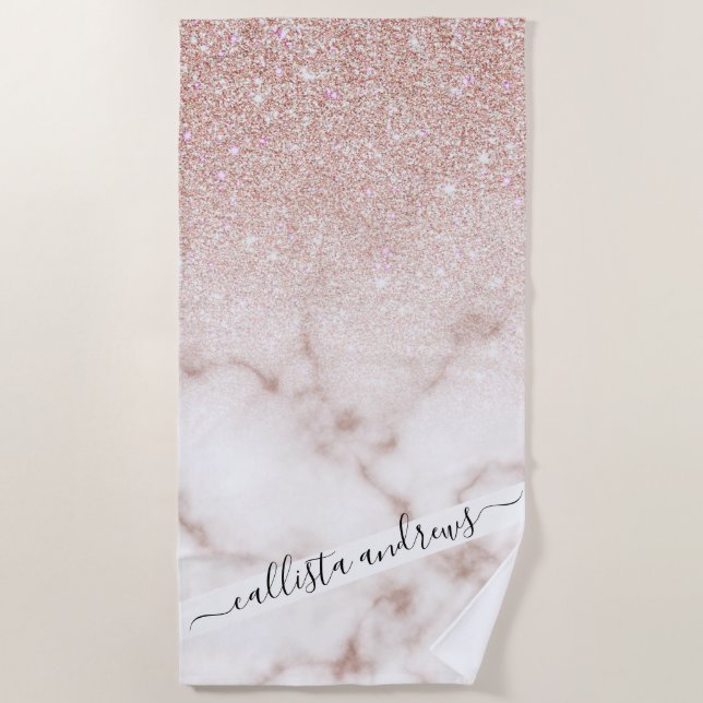 Glamourous Rose Gold White Glitter Marble Gradient Beach Towel (Front)