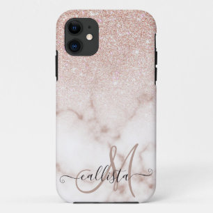 Glamourous Rose Gold White Glitter Marble Gradient iPhone 11 Case
