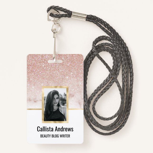 Glamourous Rose Gold White Glitter Marble Gradient ID Badge (Front with Lanyard)