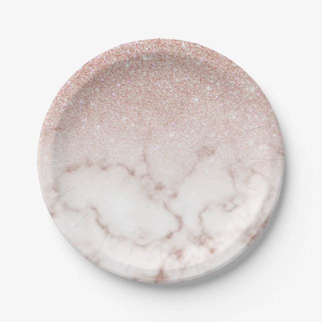 Glamourous Rose Gold White Glitter Marble Gradient Paper Plate (Front)
