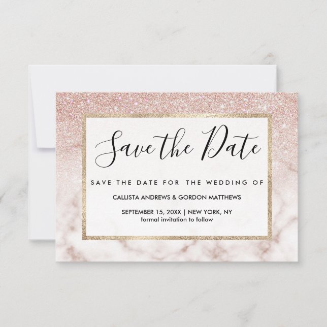 Glamourous Rose Gold White Glitter Marble Gradient Save The Date (Front)