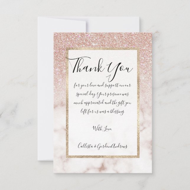 Glamourous Rose Gold White Glitter Marble Gradient Thank You Card (Front)